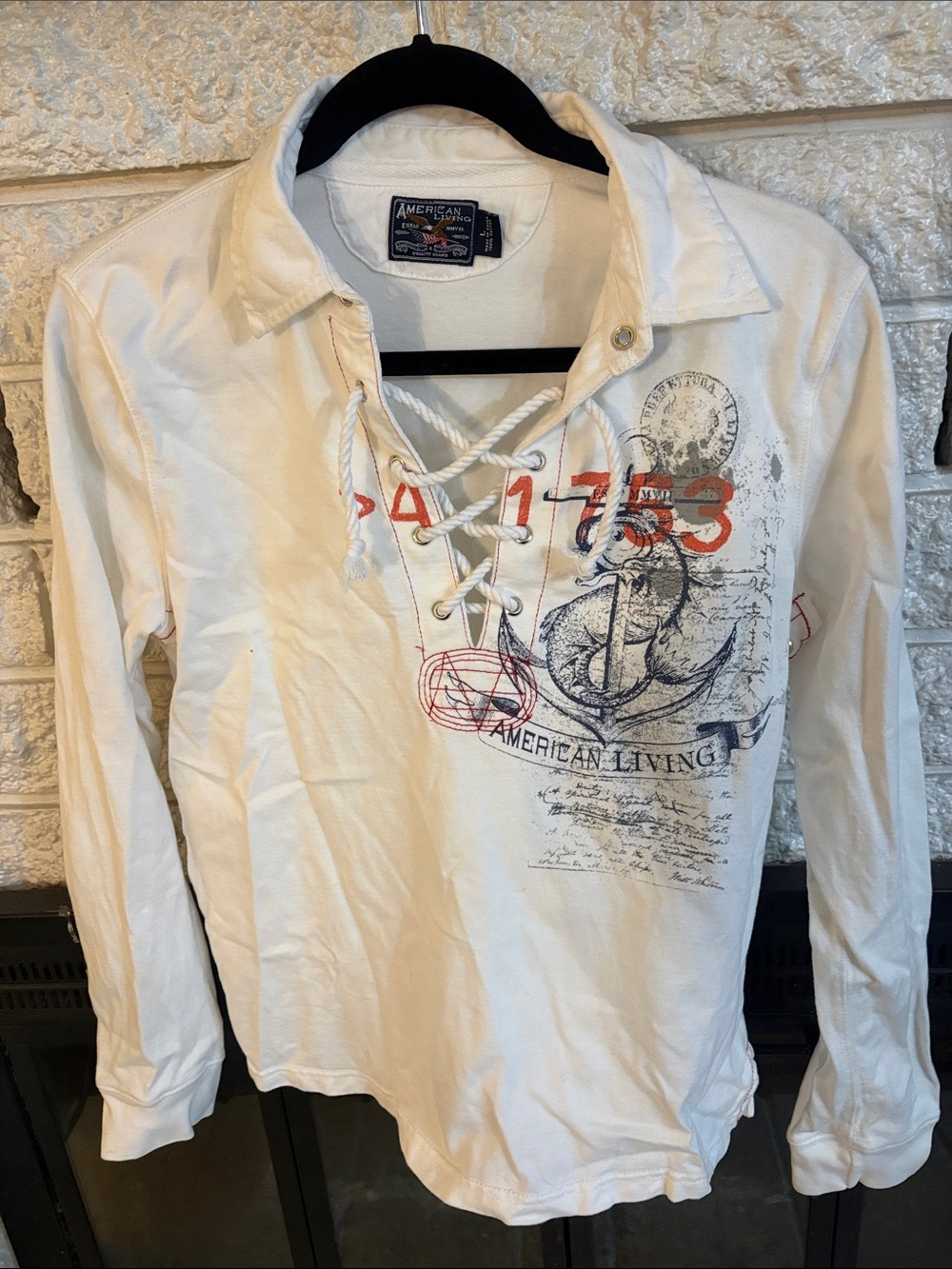 American Living White Lace‑Up Nautical Graphic Long Sleeve Shirt